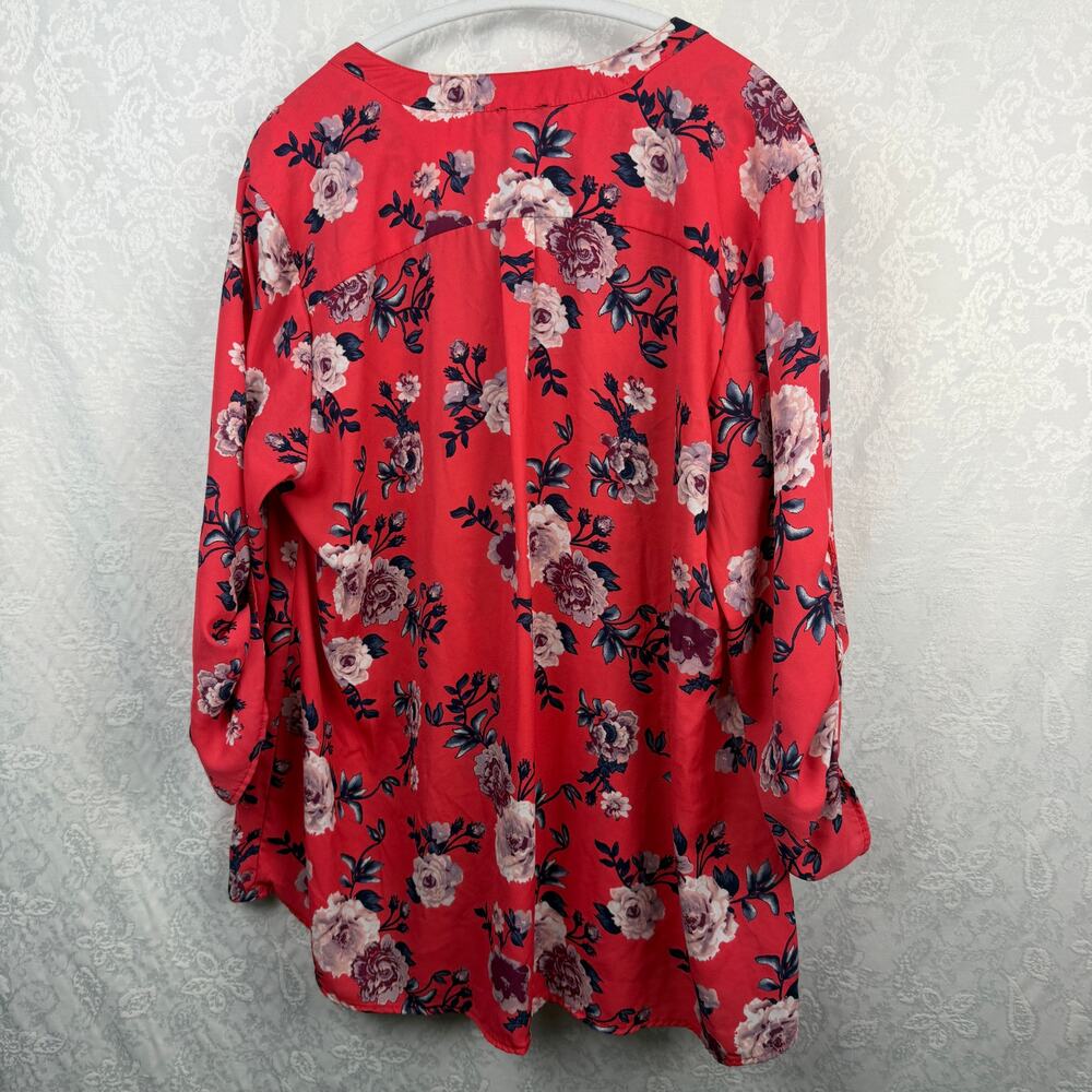 Justify Women's 2X Coral Red Floral Blouse Tunic Long Sleeve Zip Pocket Top - Picture 7 of 8